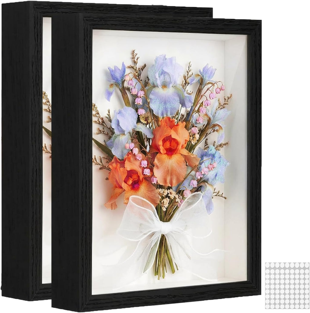 Shadow Box Frame Display Cases, 11"x 14" Wood Deep Black Handicrafts Shadowbox Picture Frame for Flowers Jersey Baby Wedding Dress(2,Black)