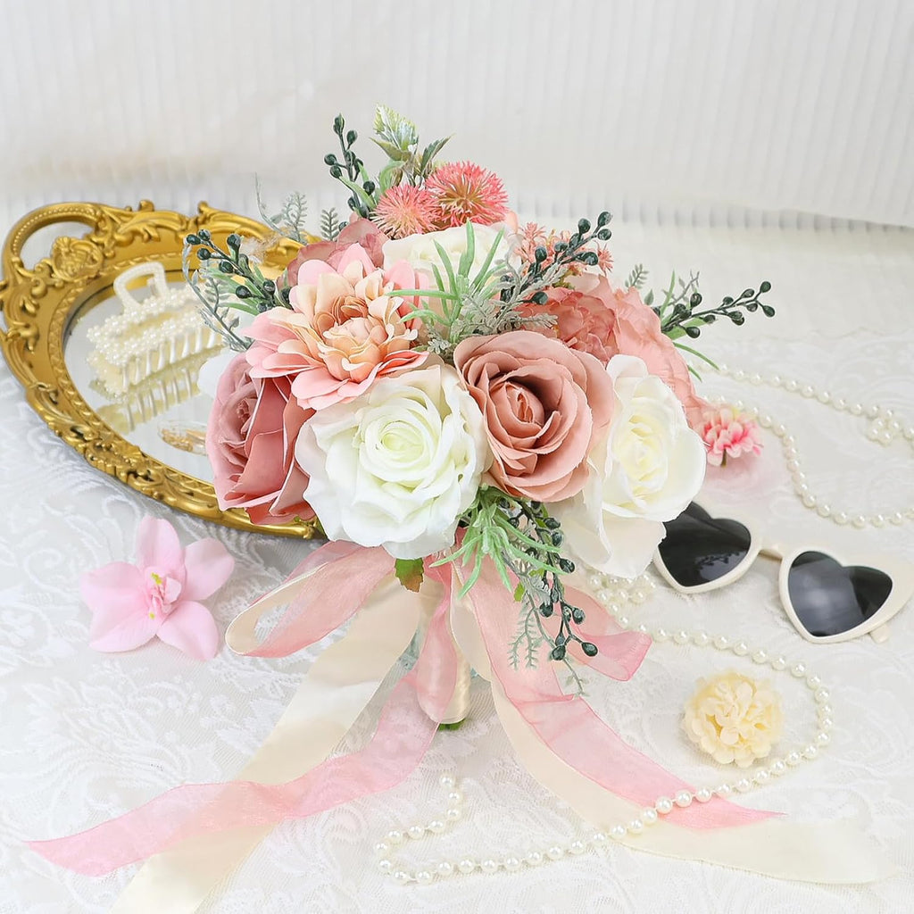 Wedding Bouquets for Bride Bridesmaid 8.5 Inch Dusty Pink Artificial Roses Flowers Bridal Bouquets for Bride Wedding Marriage Proposal Party Church Decoration