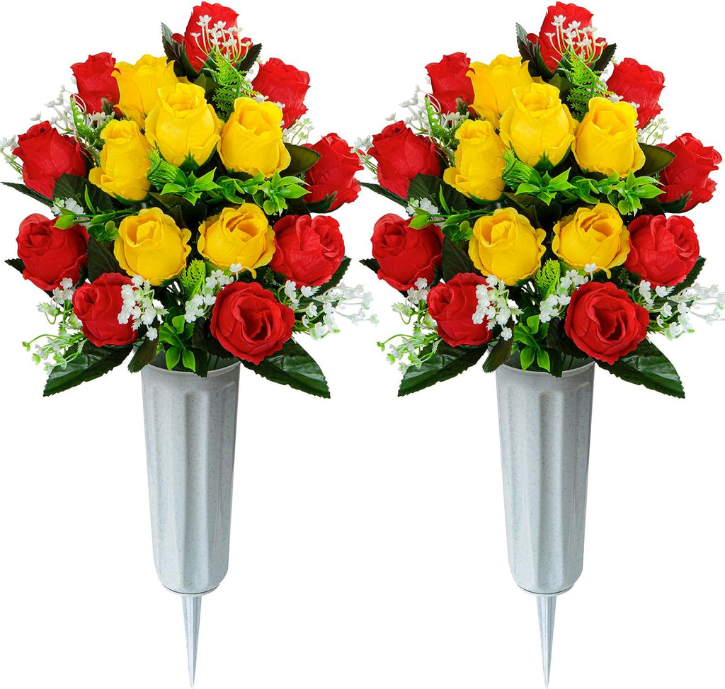 Set of 2 Artificial Cemetery Flowers with Vase, Artificial Grave Flowers Outdoor Memorial Rose Bouquets for Cemetery Headstone Graveyard Decor (Red Yellow)