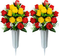 Set of 2 Artificial Cemetery Flowers with Vase, Artificial Grave Flowers Outdoor Memorial Rose Bouquets for Cemetery Headstone Graveyard Decor (Red Yellow)