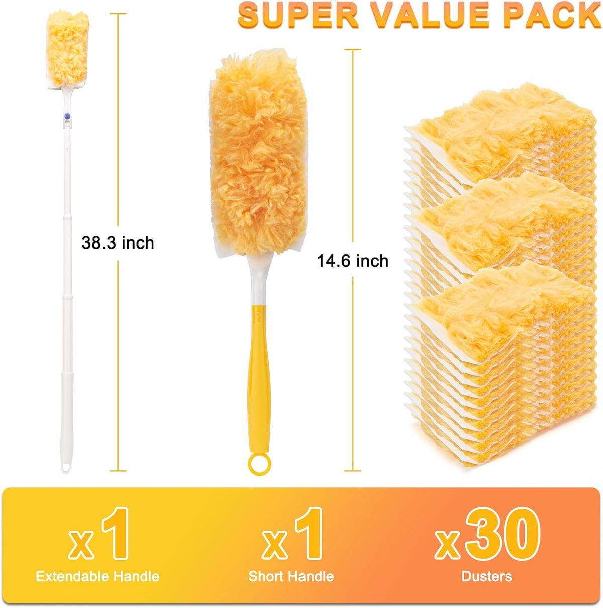 360° Heavy Duty Duster Refill Kit, 1Extended Handle 1Short Handle 30Refills
