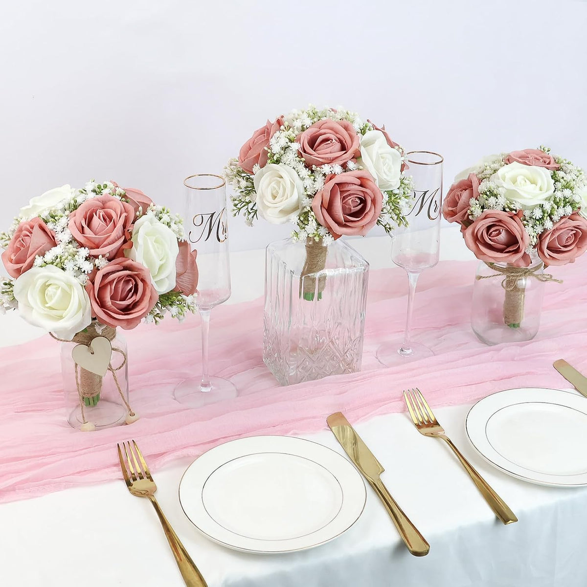 Wedding Artificial Bridesmaids Bouquets Set of 6-Faux Babys Breath Dusty Pink Fake Gypsophila Bouquet for Bridesmaid, Real Touch Small Bouquet for Bridesmaids Wedding Bridal Shower Centerpieces-7 Inch