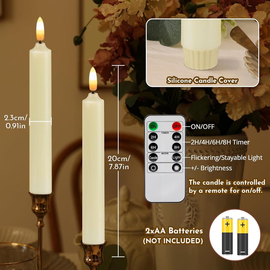 NURADA Flameless Taper Candles with Remote Timer - Flickering Real Wax LED Electric Candlesticks - 3D Wick Lights Battery Operated Faux Candle for Home Wedding Window Decor - Ivory White 6 Pack