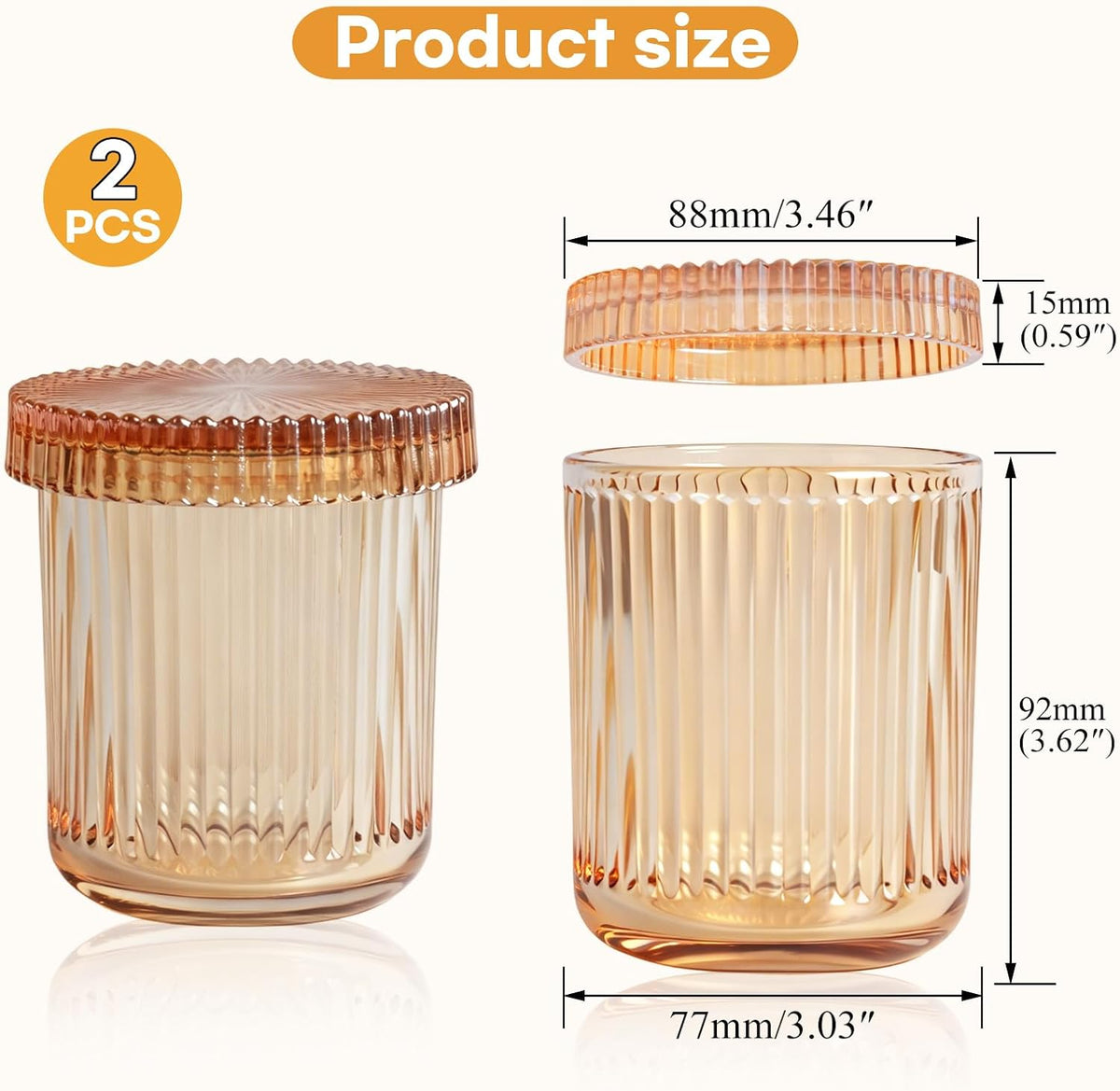 2 Pack Ribbed Glass Qtip Holder with Lid, Amber