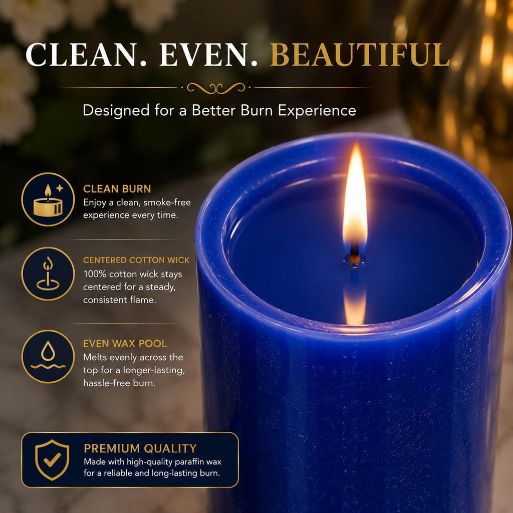 Dinil Blue Pillar Candles 3x6 Inch, Set of 3 Unscented Dripless Smokeless Candles, 65+ Hour Burn Time for Wedding Centerpiece, Dinner Table & Home Decor