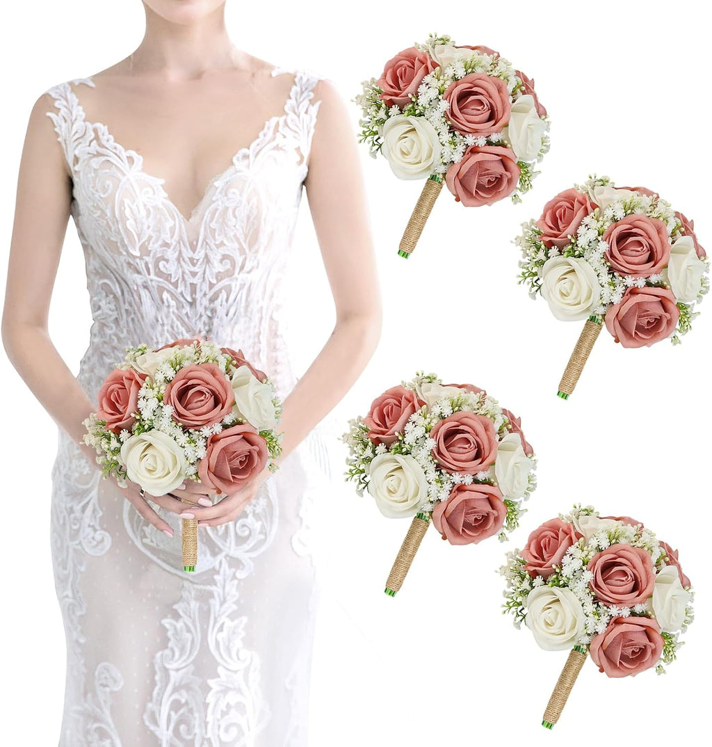 Artificial Bridesmaid Bouquets Set of 4 for Wedding-7 inch Pink Flowers Bouquets for Bridesmaids, Faux Rose Gypsophila Rustic Small Floral Bouquet Fake Boho Wedding Party Ceremony Anniversary Decor