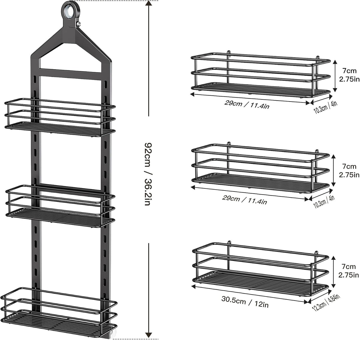 Orimade Adjustable Anti-slip Shower Caddy over Head, Rustproof Bathroom Hanging Organizer with 2 Hooks for Razor, No Drilling Shower Shelves Storage Rack 3 Tier, Black