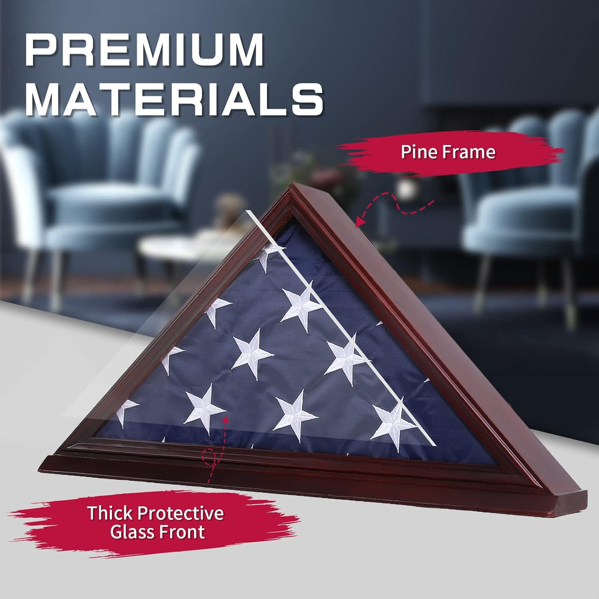 Military Flag Display Case for 5'x9.5' Burial Flag, Pine Wood, Red