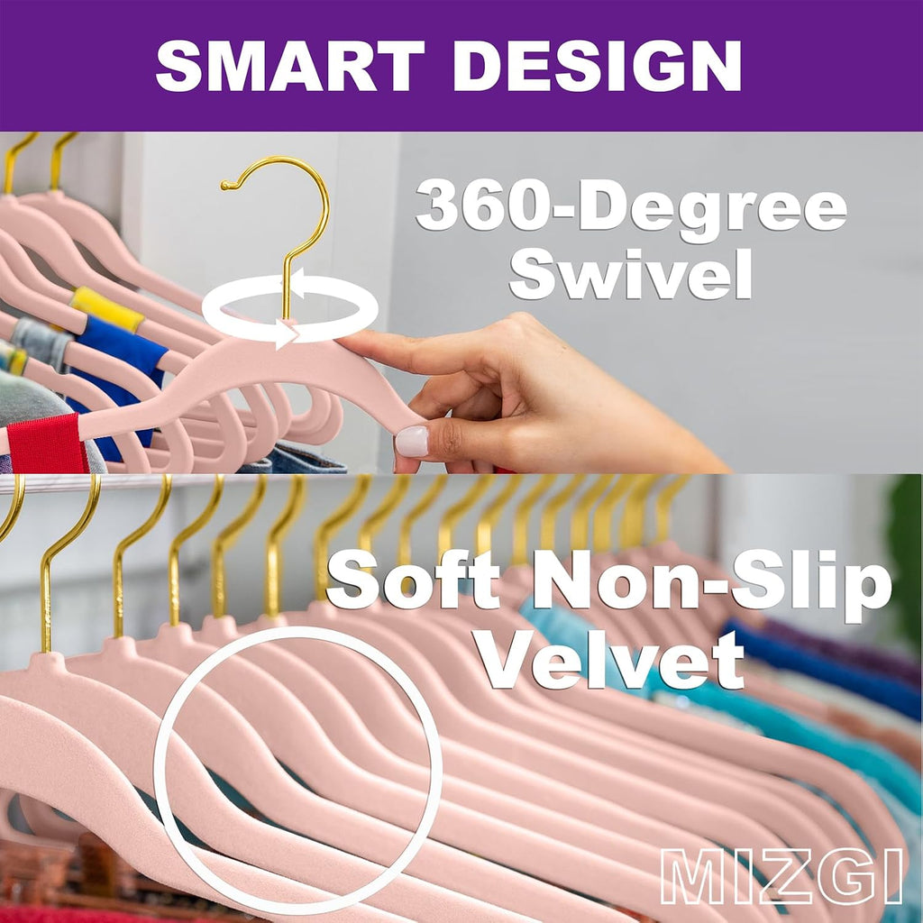 MIZGI Blush Pink Velvet Hangers 60 Pack,Premium Gold Clothes Hangers Non-Slip Felt Hangers,Sturdy Pink Hangers Heavy Duty Coat Hangers,Durable Suit Hangers for Space Saving, No Hanger Marks