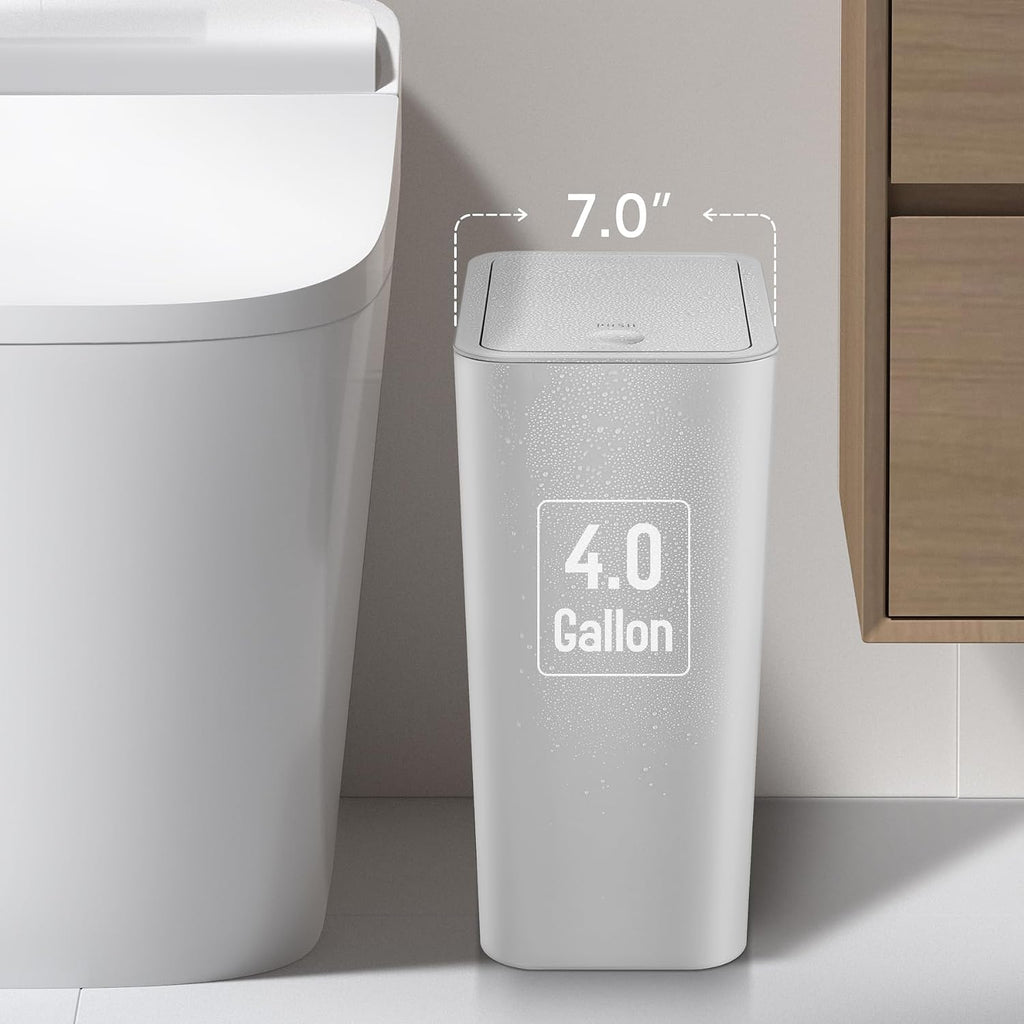TIPGO Bathroom Trash Can with Lid, 4 Gallon / 15 Liter Small Garbage Can, Press Top Bin, Plastic Wastebasket with Pop-Up Lid for Bedroom, Living Room, Office (Grey, 2 Pack)