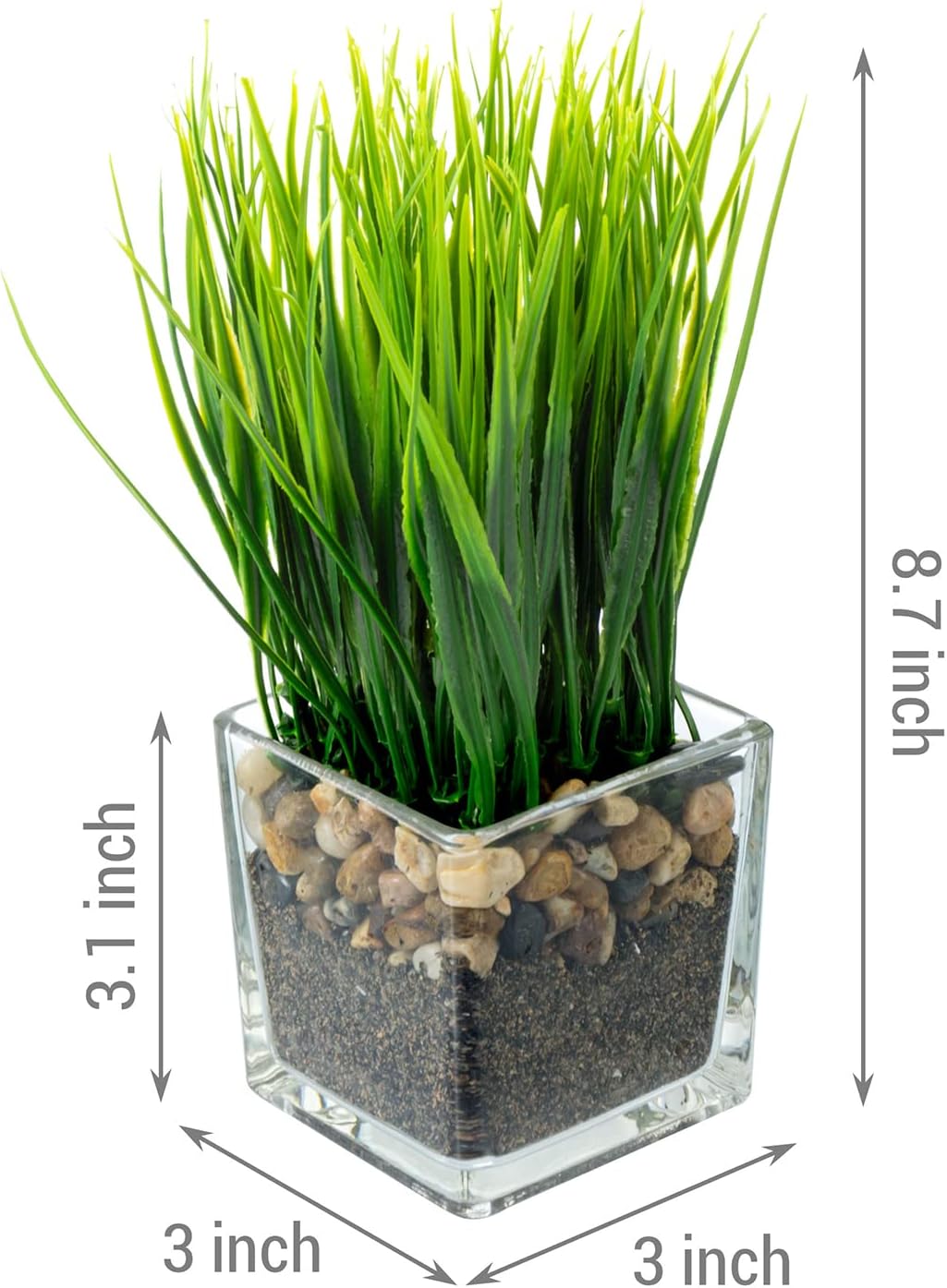 MyGift Set of 2 Artificial Grass Plants in Square Glass Pots with Pebbles