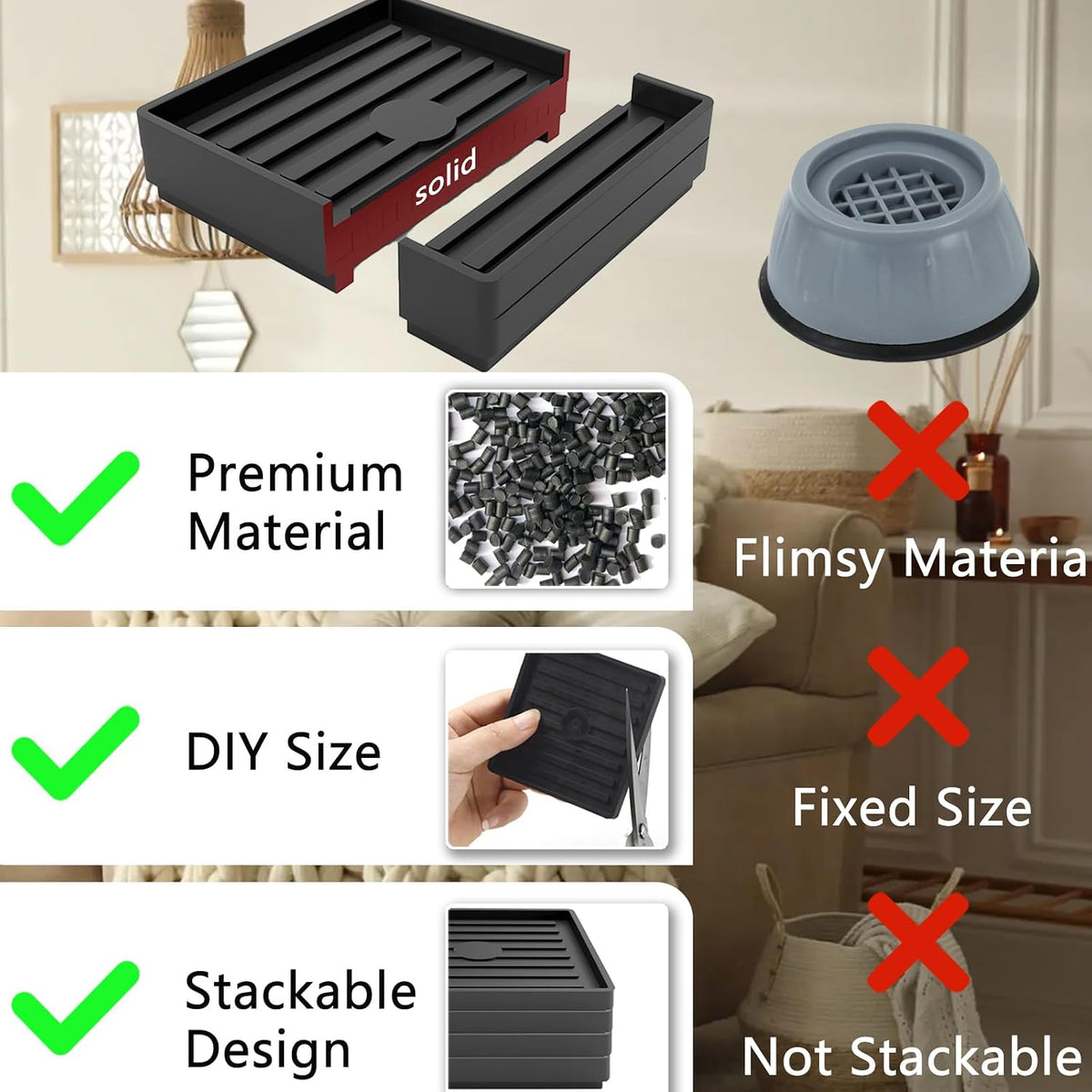 Bed Risers Heavy Duty, Set of 8, Stackable Square Furniture Risers, Black