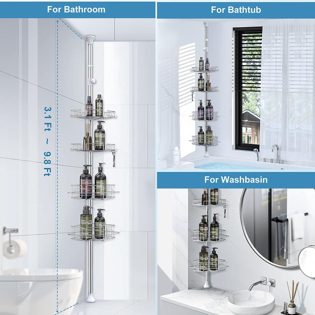HAMITOR Corner Shower Caddy Tension Pole: Adjustable Stainless Steel Shower Organizer with 4 Tier Shelf for Bathroom Bathtub Tub Shampoo - Floor Standing Rack Bath Storage Holder with Rust Proof Rods