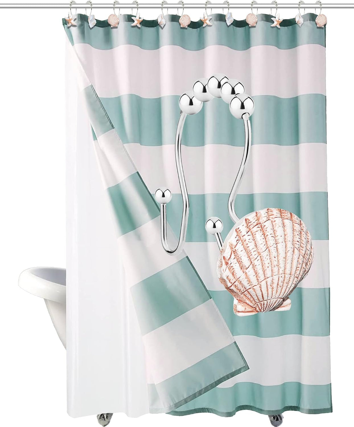 Shower Curtain Hooks Rings, 12PCS Anti Rust Seashell Decorative Double Resin Hooks for Beach Bathroom, Baby Room, Bedroom, Living Room Décor