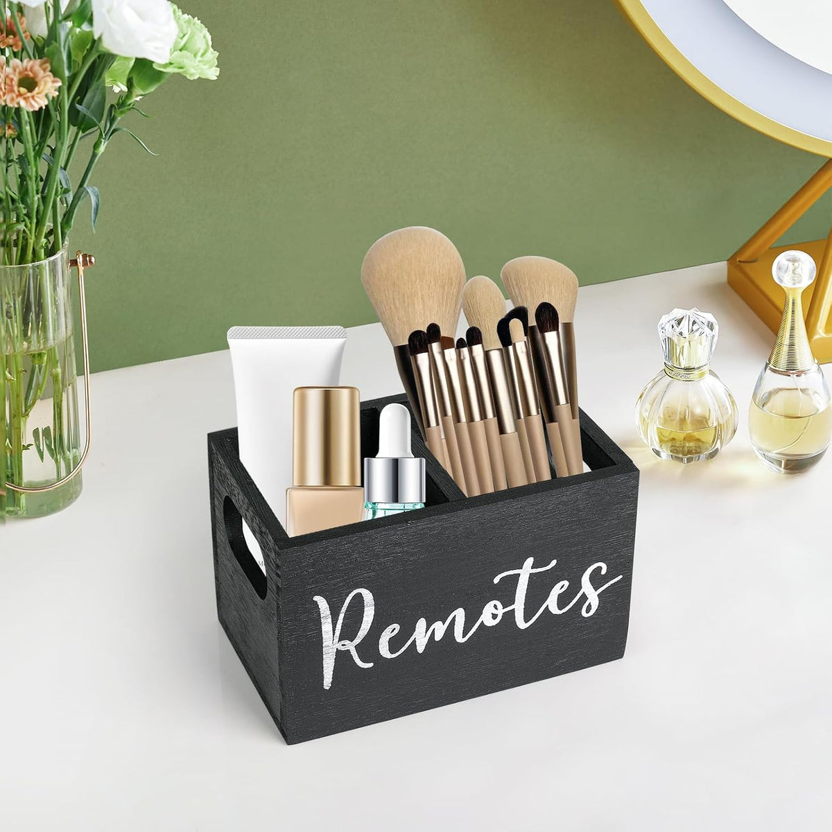 Remote Control Holder, Wooden TV Remote Holder for Table, Remote Caddy Organizer with 2 Compartments, Media Storage Box for Nightstand, Bedside (Black)