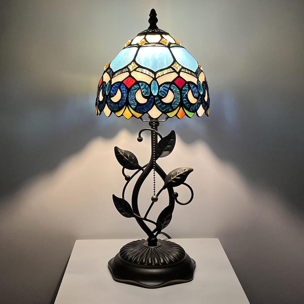 Tiffany Style Stained Glass Table Lamp Blue Jewelry Baroque 18 Inch