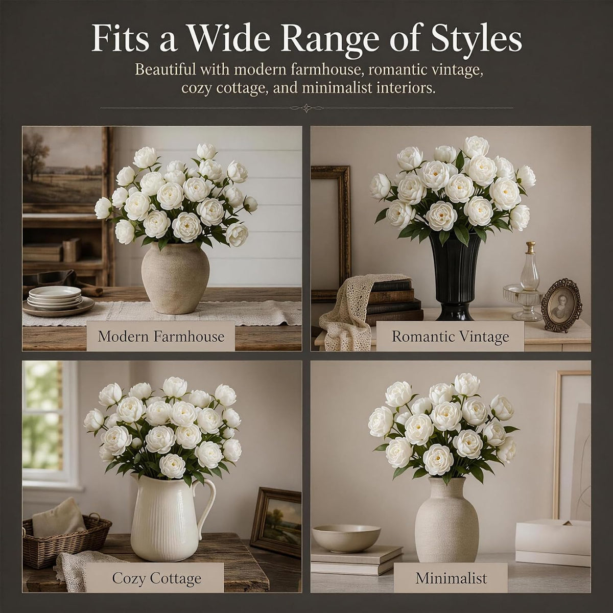 Artificial Flowers for Vase, 5 Stems Faux Peony Silk, 20 Blooms