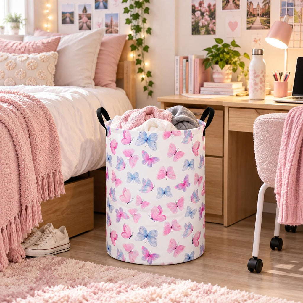 Butterfly Storage Basket for Girls and Kids, Round Collapsible Laundry Hamper with Handles, Pink Blue Butterfly Organizer Bin for Clothes, Toys Room, Nursery, Bedroom Dorm and Gifts