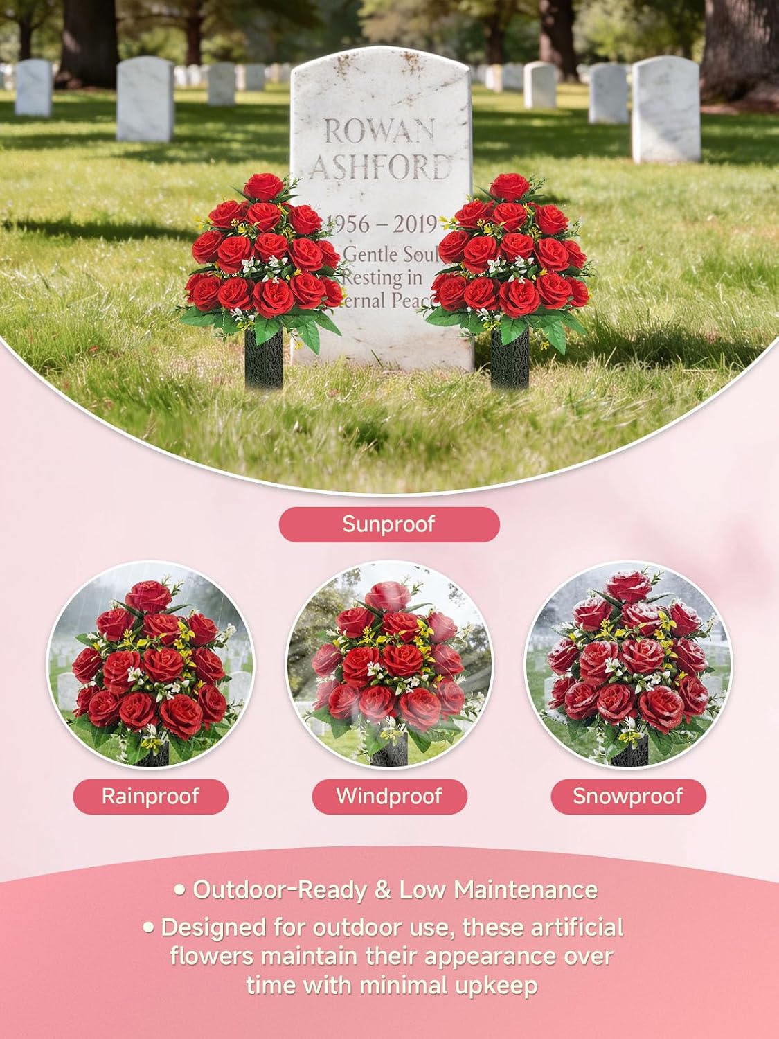 Mirevielyn 2-Pack Artificial Rose Cemetery Flowers with Spiked Vases