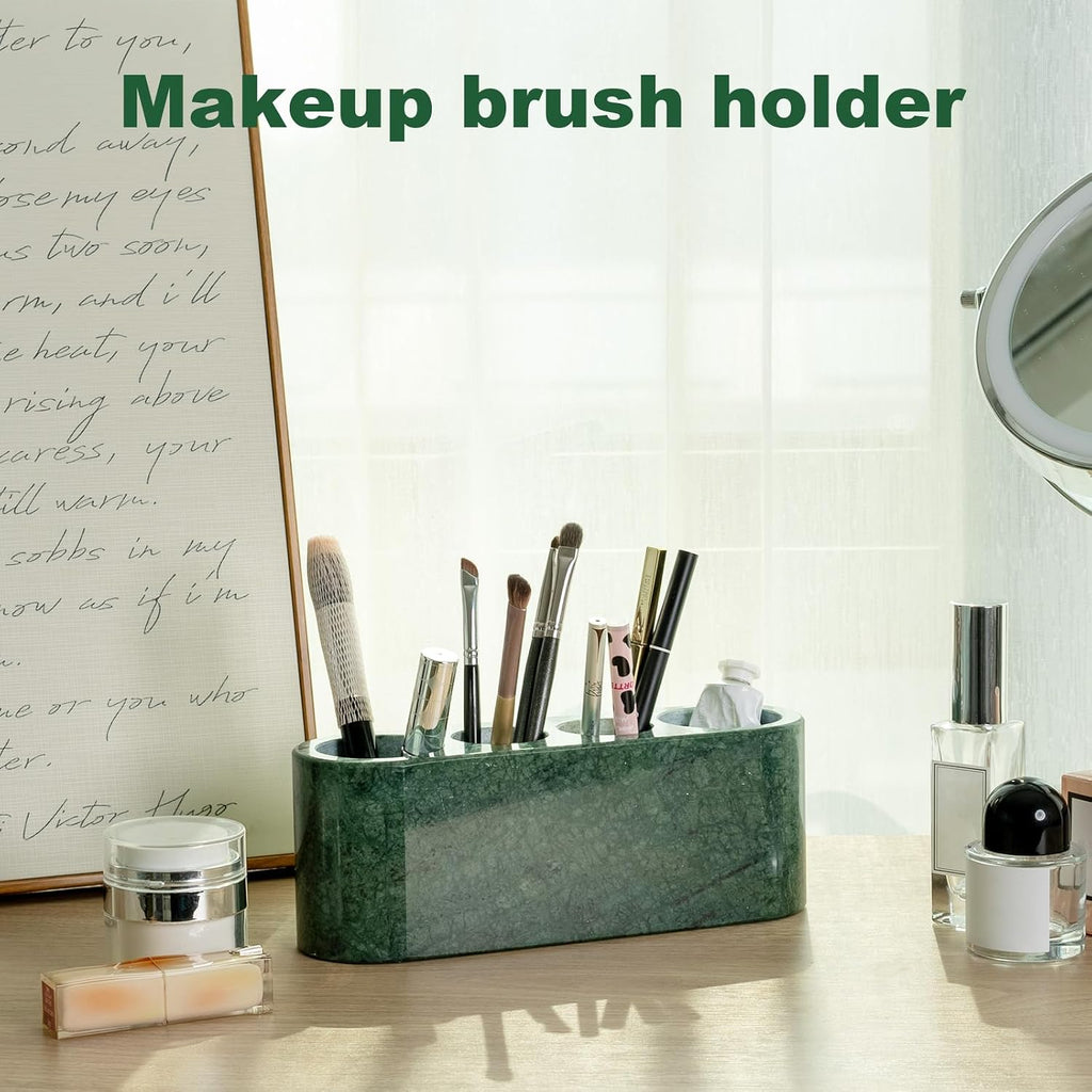 BCS Toothbrush Holder for Bathrooms, 4 Slots Open-Bottom Marble Toothbrush and Toothpaste Holder Stand Bathroom Organizer Countertop for Electric Toothbrush, Floss, Razor, Comb - Italy Green