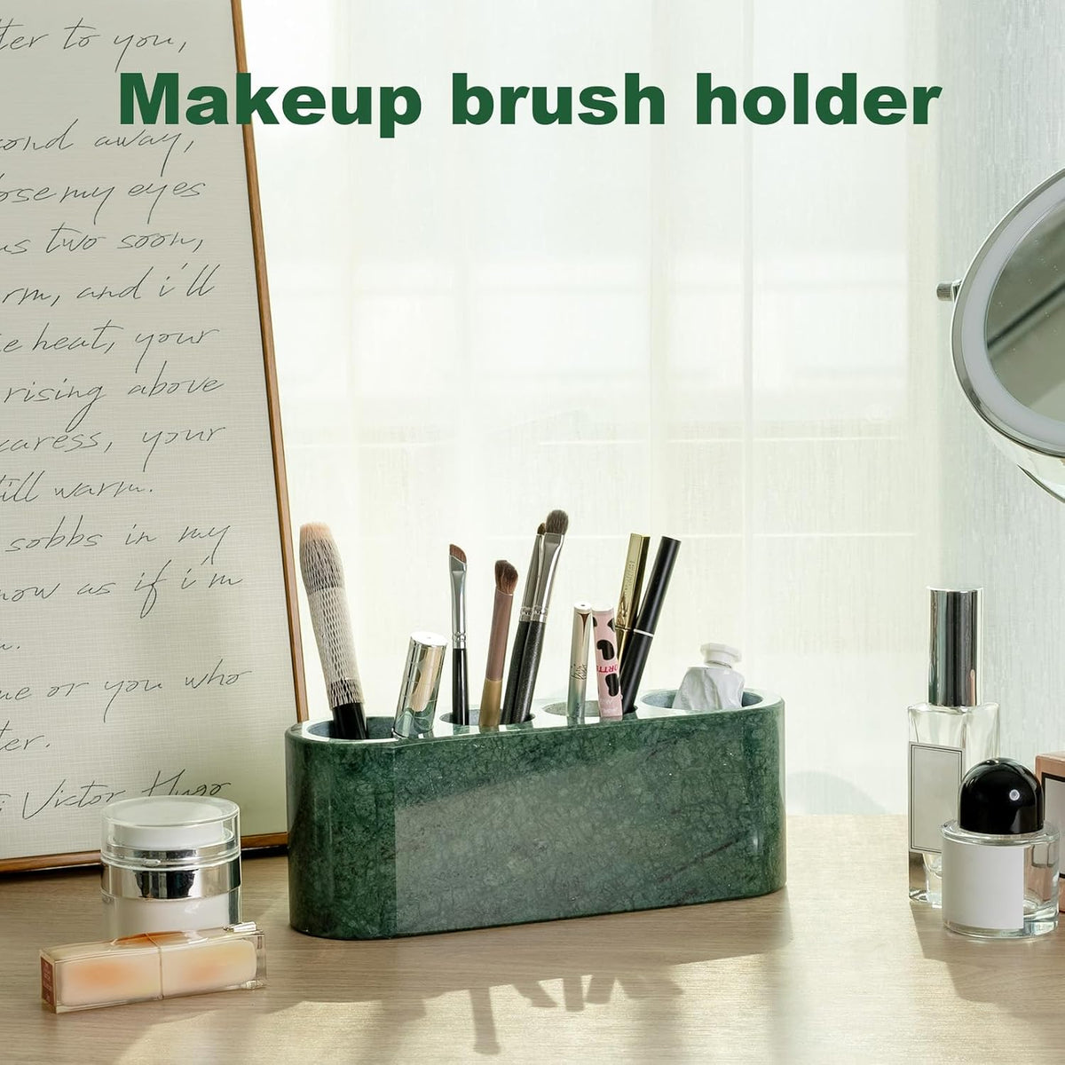 BCS Toothbrush Holder for Bathrooms, 4 Slots Open-Bottom Marble Toothbrush and Toothpaste Holder Stand Bathroom Organizer Countertop for Electric Toothbrush, Floss, Razor, Comb - Italy Green