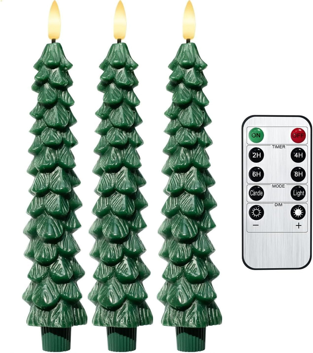 3PCS Christmas Tree Candles, 9.7 Inch Flameless Taper Candles with Remote and Timer, LED Battery Operated Taper Candlesticks with 3D Flickering for Christmas Home Decoration.
