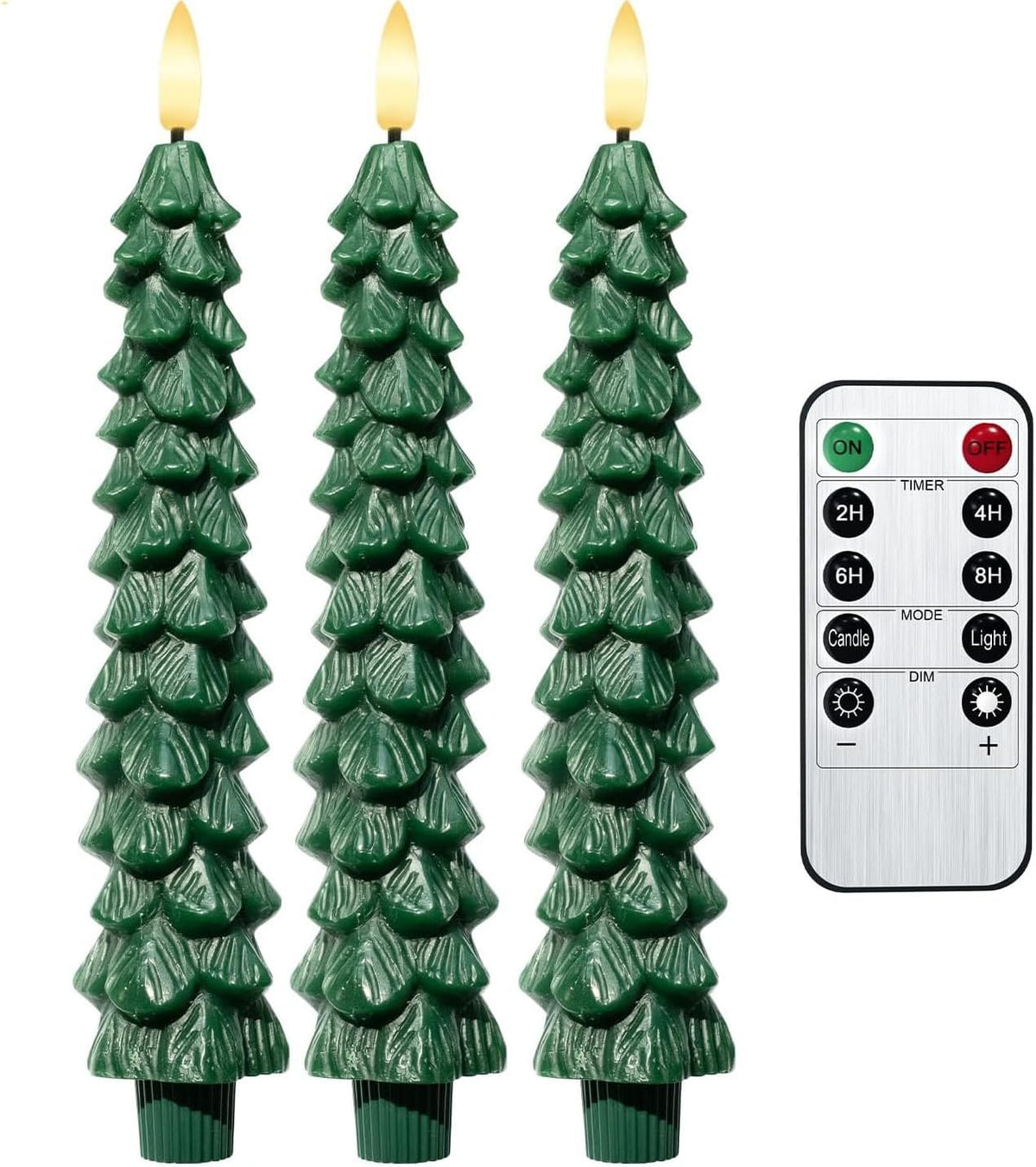 3PCS Christmas Tree Candles, 9.7 Inch Flameless Taper Candles with Remote and Timer, LED Battery Operated Taper Candlesticks with 3D Flickering for Christmas Home Decoration.