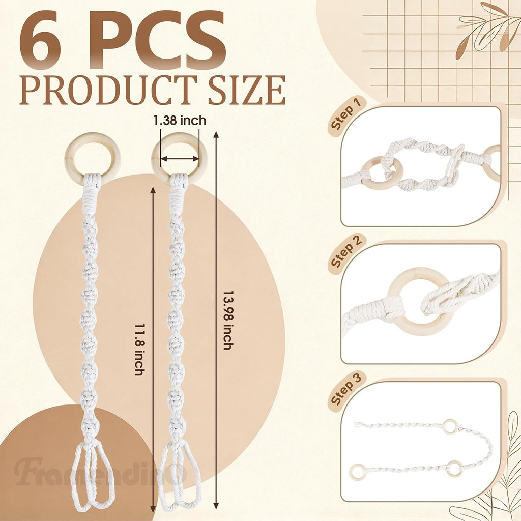 Framendino, 6 Pack Adjustable Macrame Plant Hanger Extenders Woven Hanging Basket Extension with Wooden Ring for Indoor Outdoor Pot Holder