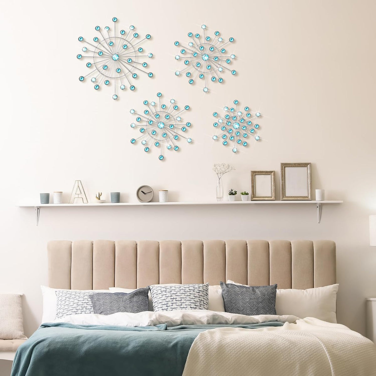 Blulu 4 Pcs Blue Wall Decor, Bling Crystal Starburst Metal Wall Art