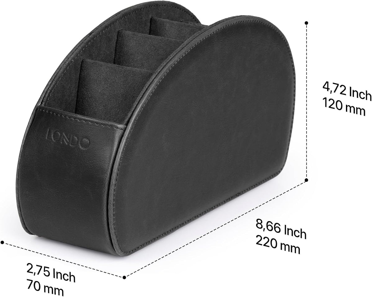 Londo PU Vegan Leather Remote Control Holder with 5 Pockets, Nightstand Caddy & Bedside Organizer for TV, DVD, Blu-Ray, Roku, Apple TV Remotes, Phones, Glasses — Suede Lined Gift for Dad, Black