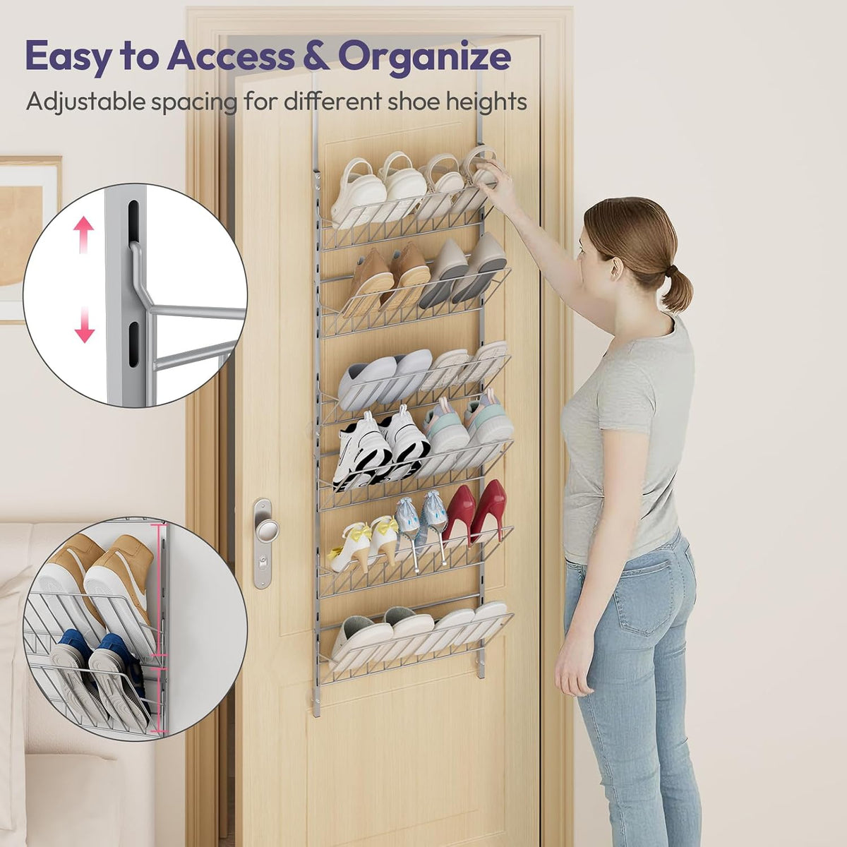 SWTYMIKI Over the Door Shoe Organizer - Adjustable 6 Tier Hanging Shoe Rack Organizer, Metal Heavy Duty Behind Door Storage or Wall Mount Shoes Shelf for Flats, Heels, Sneakers, Boots, Silver