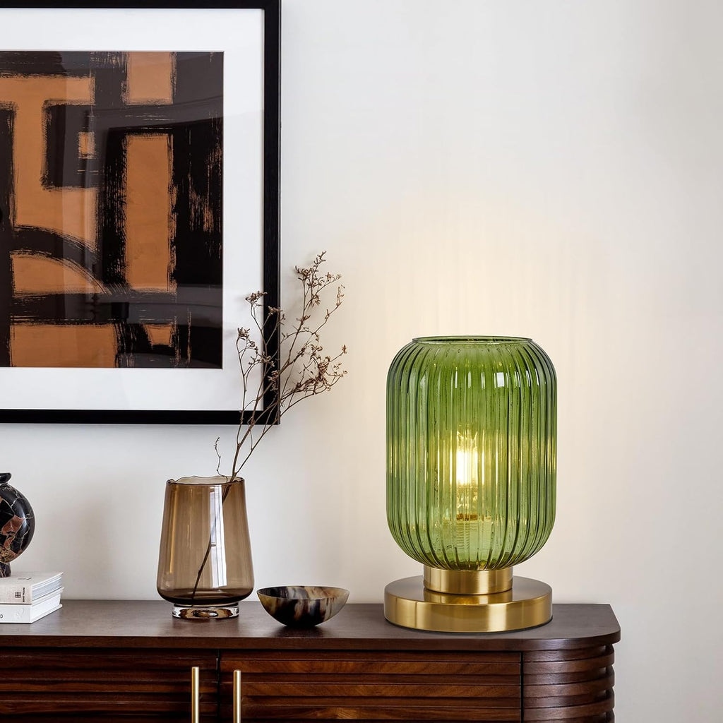 Mid Century Modern Table Lamp, 6" Green Glass Desk Lamp Plug In