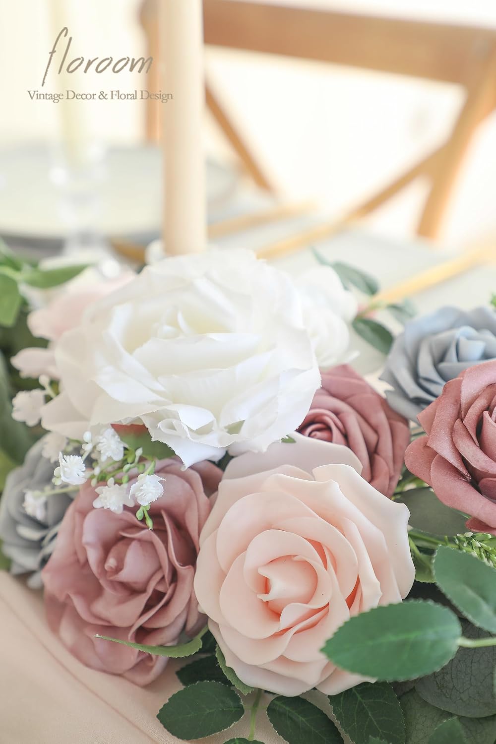 Floroom 6ft Artificial Eucalyptus Garland with Flowers Fake Greenery Faux Floral Vine Garland for Table Decor Wedding Centerpieces Bridal Shower Party Decorations, Blush Powder Blue
