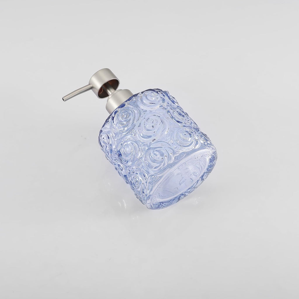 Marcella Glass Soap Dispenser with Soap Pump, Refillable 14 Ounce Capacity, Floral Design Rose Patterns, Heavy Weight Thick Glass for Bathroom, Premium Kitchen Soap Dispenser Cornflower Blue