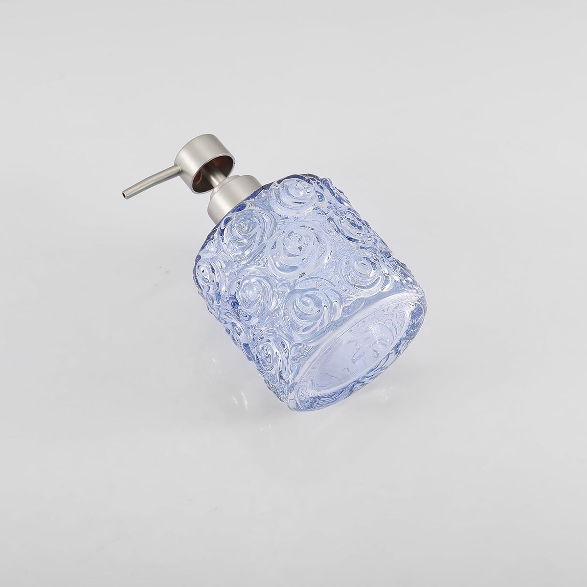 Marcella Glass Soap Dispenser with Soap Pump, Refillable 14 Ounce Capacity, Floral Design Rose Patterns, Heavy Weight Thick Glass for Bathroom, Premium Kitchen Soap Dispenser Cornflower Blue