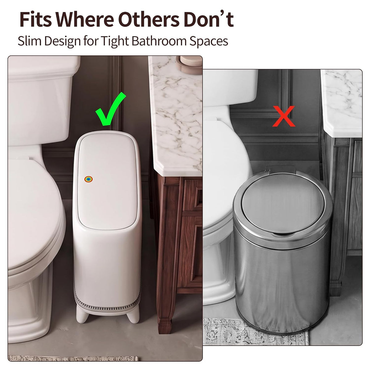 Slim Bathroom Trash Can with Lid, Narrow 3.3 Gallon Trash Can for Tight Spaces, Hidden Liner, Press-to-Open Lid, Patented Bag-Fit Design, Elevated Legs, White