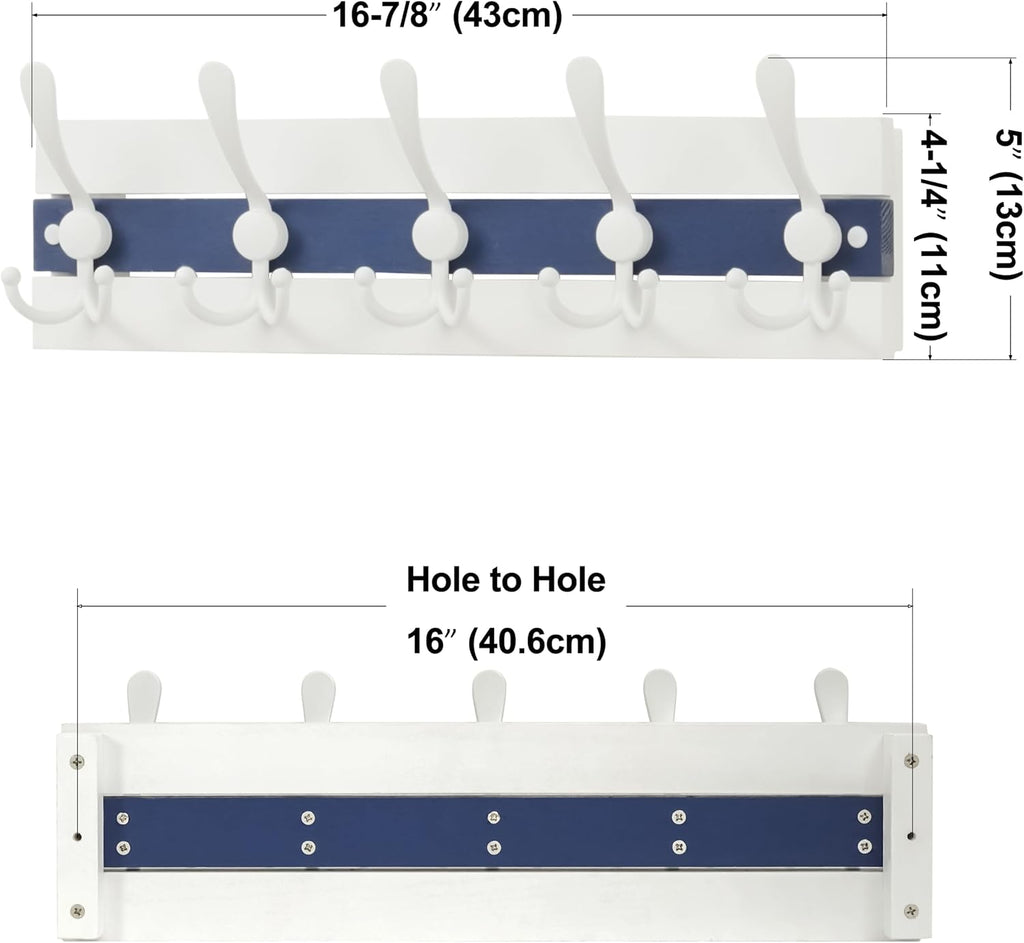SKOLOO Coastal Wall Mounted Coat Rack - 16-7/8" Beach House Entryway Wooden Coat Hook with 5 Hooks for Hanging Coats, Hats or Towels, Oceanfront Cottage Core Collection, White & Blue