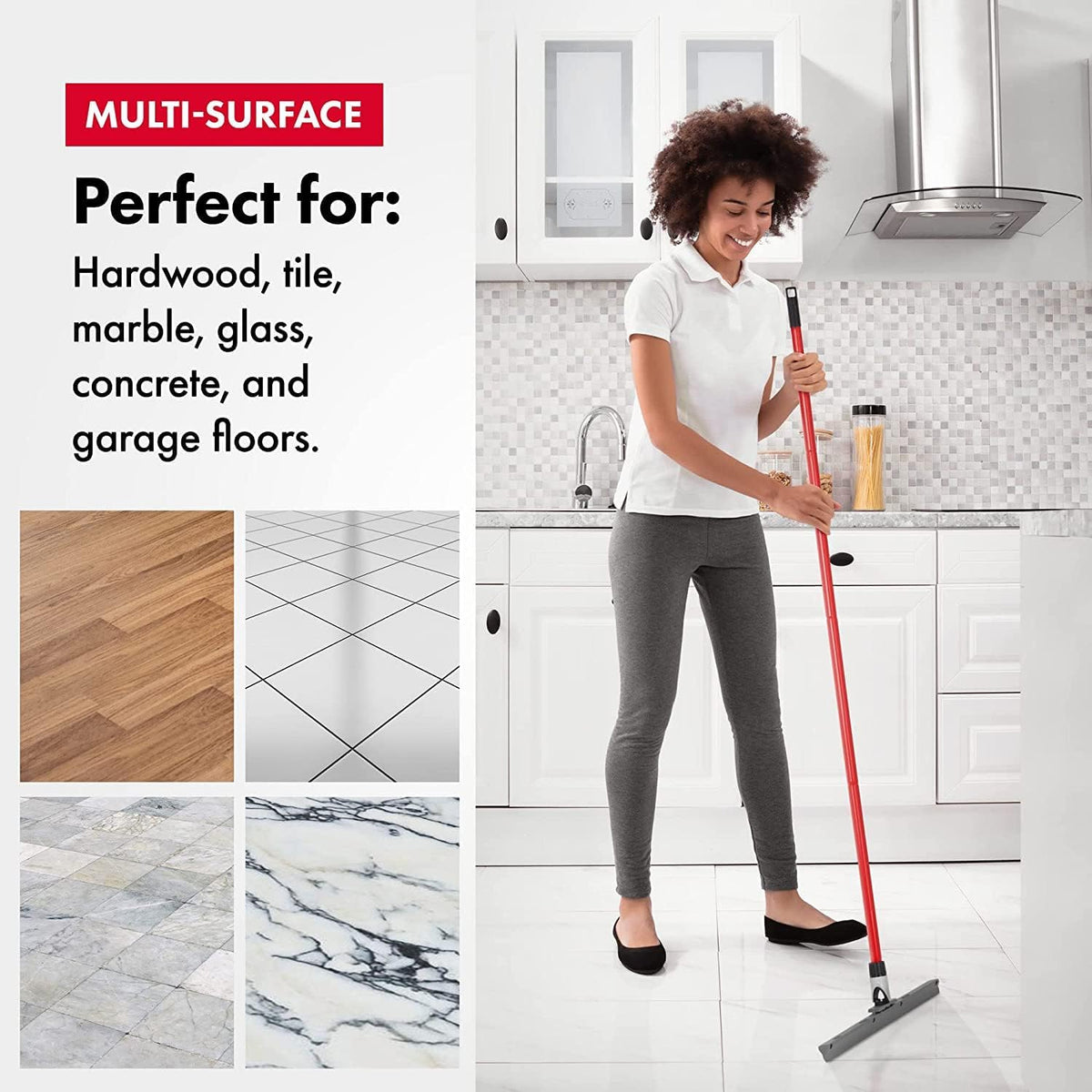 Heavy Duty Floor Squeegee for Concrete and Tile Floor - Silicone Squeegee Broom Floor Scrubber - Large Single Cast Rubber Blade Aluminum Long Handle 360° Swivel Joint - Garage Shower Window Cleaning