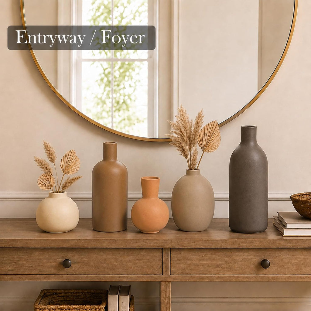 Small Neutral Ceramic Vase Set – Cute 5 Matte Earth-Tone Vases for Japandi, Scandinavian, or Minimalist Home Decor, Table, Entryway, Shelf & Mantel Styling