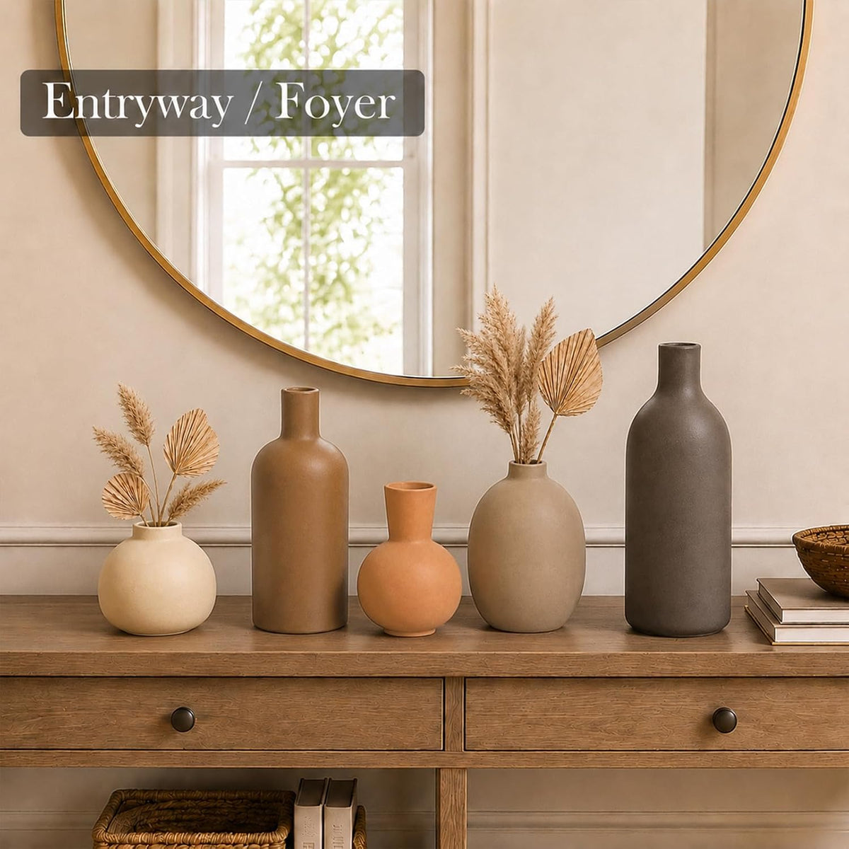 Small Neutral Ceramic Vase Set – Cute 5 Matte Earth-Tone Vases for Japandi, Scandinavian, or Minimalist Home Decor, Table, Entryway, Shelf & Mantel Styling