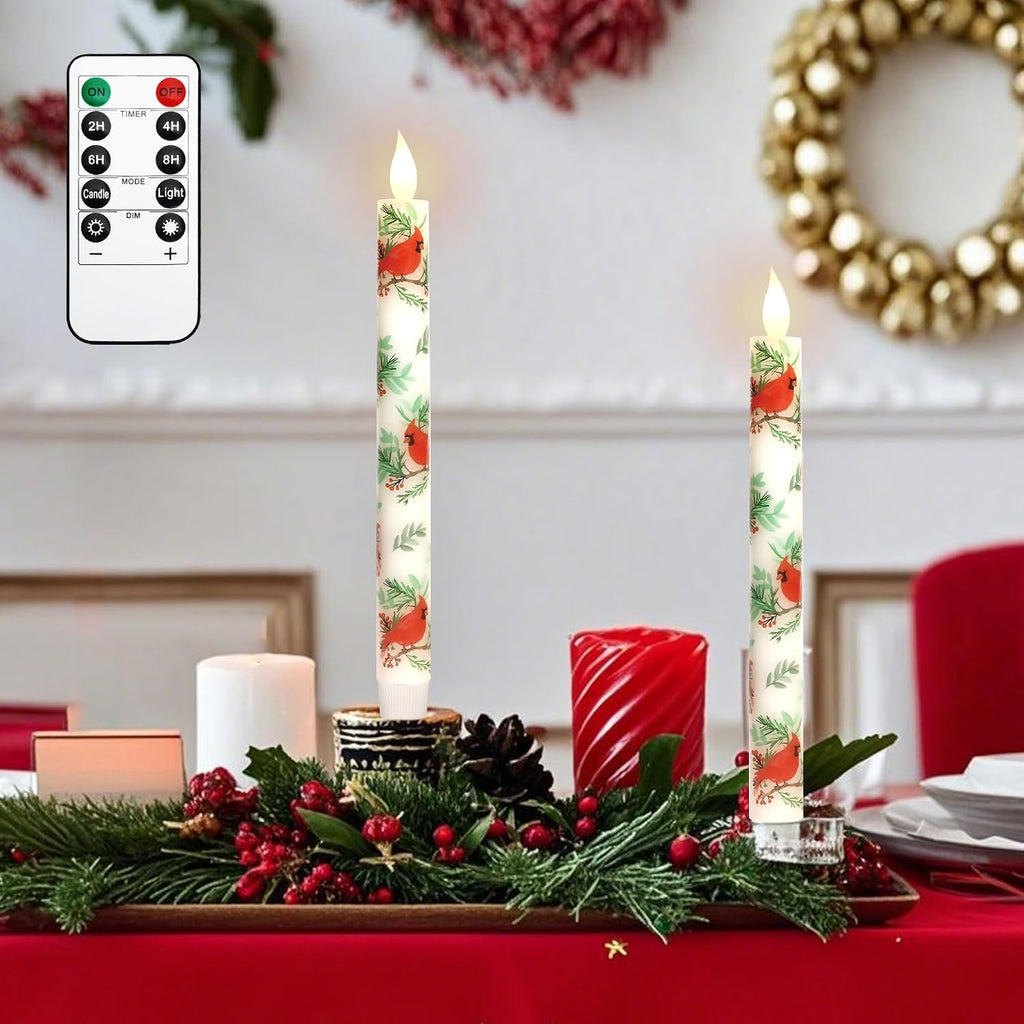 MELTONE Cardinal Bird Flameless Taper Candles with Remote - Red Bird Theme LED Taper Candles for Home Xmas Holiday Party Christmas Decoration - 2PCS 9.5INCH