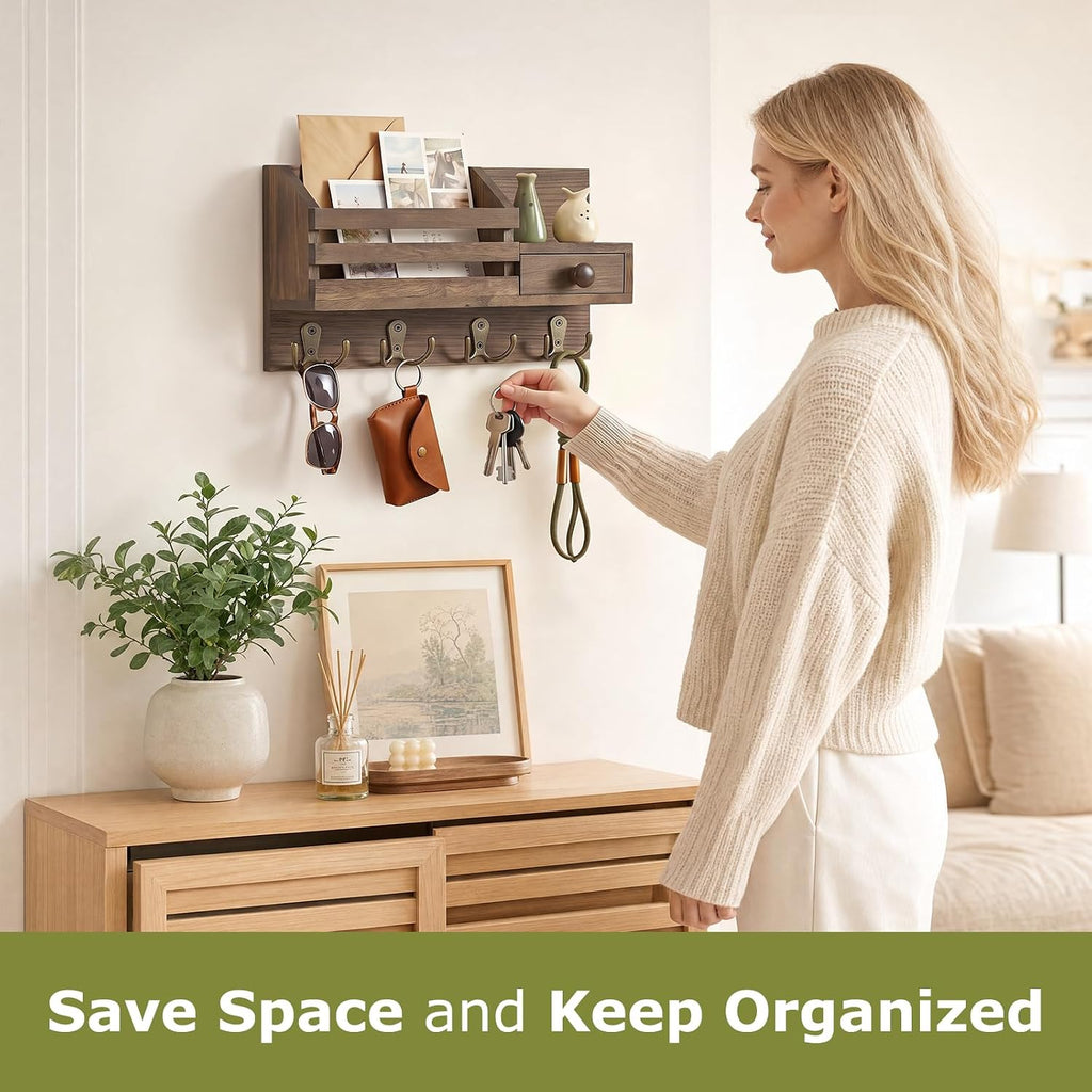Key Holder Wall Mount, Wooden Key and Mail Organizer, Brown