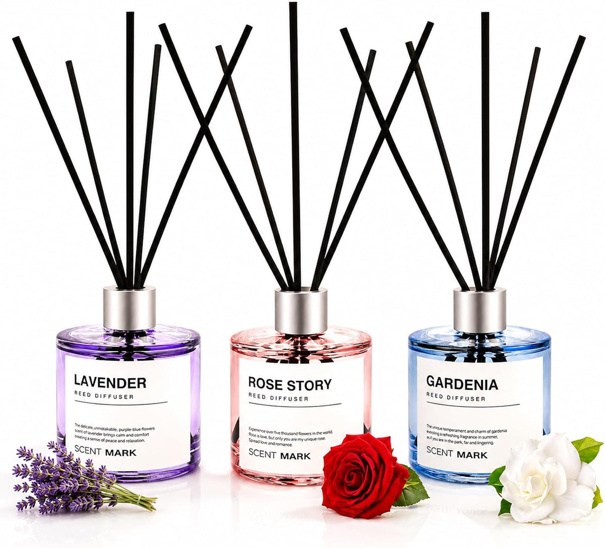 Reed Diffuser Set of 3 Pack,50ML Lavender Rose Gardenia Scented Oil Diffuser with 5 Sticks,Home Fragrance Reed Diffuser for Bedroom Bathroom Office (Lavender/Rose/Gardenia)