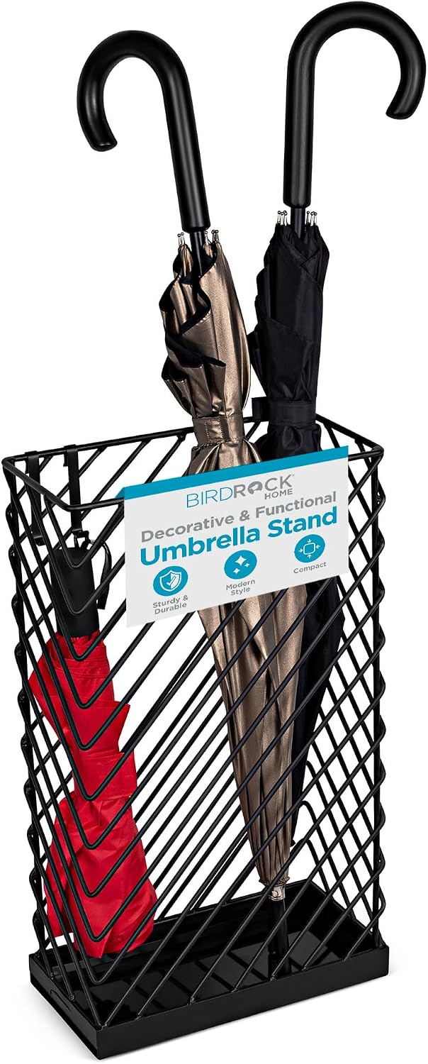 BIRDROCK HOME Decorative Umbrella Stand with Removable Water Tray - Large Metal Umbrella Rack and Cane Walking Stick Organizer for Entryway - Umbrella Holder for Indoor & Outdoor - Black, Diagonal