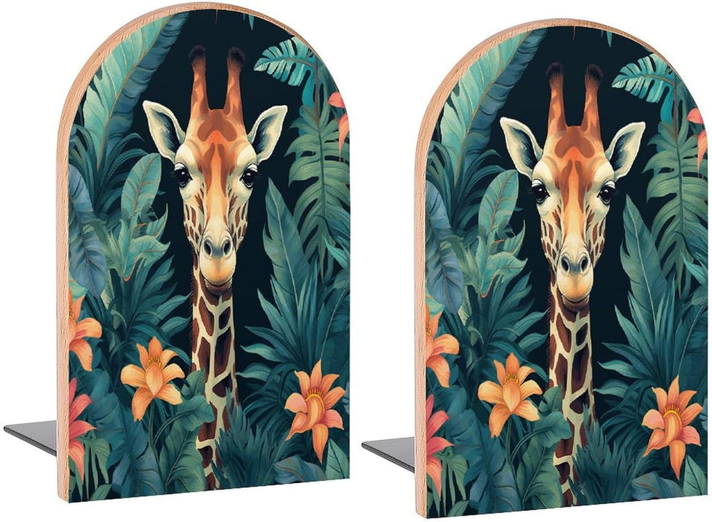 Giraffe Vintage Jungle Book Ends Decorative Wood Bookends for Shelves Kids Room Desk Home Office Book Stoppers for Magazines,Books, DVDs, 1 Pair/2 Pieces(5x3.1 in)