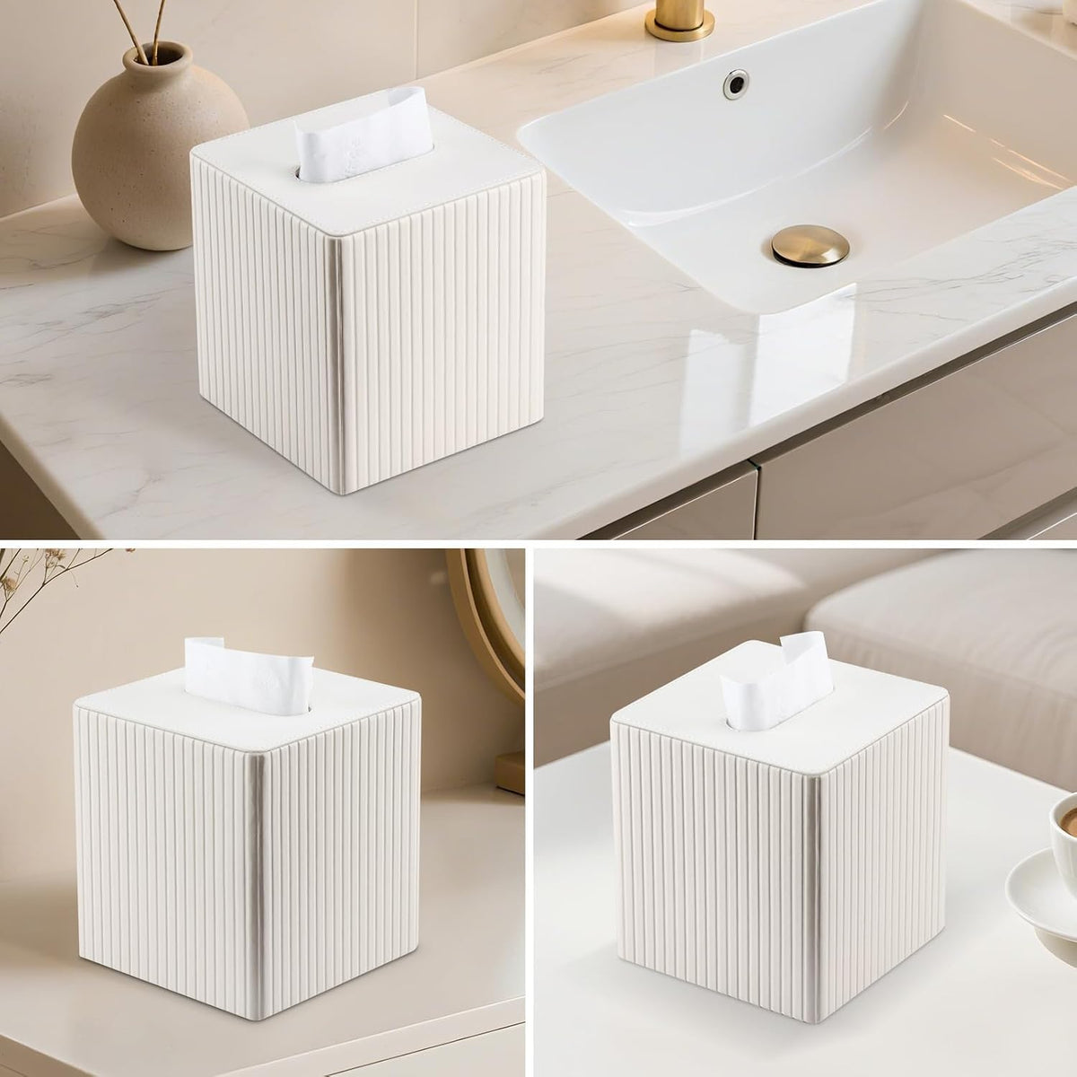 KINGFOM Square Pu Leather Tissue Box Cover, Modern Facial Tissue Holder, Roll Tissues Paper Case Dispenser for Bathroom Vanity Countertop, Night Stands, Office Desk (Off-White Strips)