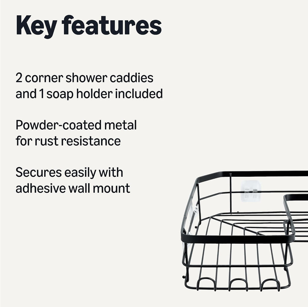 Amazon Basics Corner Shower Caddy Organizer with Soap Holder, Adhesive Wall Mount, Rust Resistant Powder-Coated Stainless Steel, Black, Set of 3
