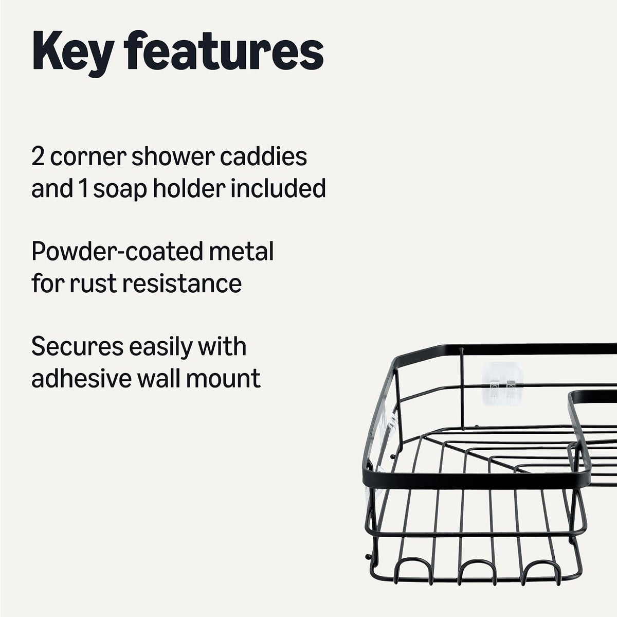 Amazon Basics Corner Shower Caddy Organizer with Soap Holder, Adhesive Wall Mount, Rust Resistant Powder-Coated Stainless Steel, Black, Set of 3