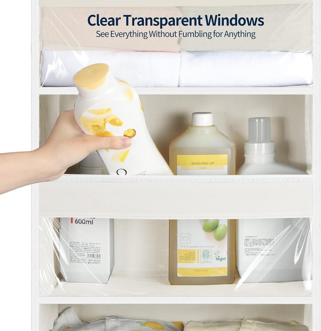 Yecaye Over the Door Organizer 6 Tiers, Heavy Duty Hanging Storage with 6 Large Clear PVC Pockets and 12 Side Pockets, 56lbs Capacity for Closet Door Bathroom Bedroom Nursery Dorm, Ivory White
