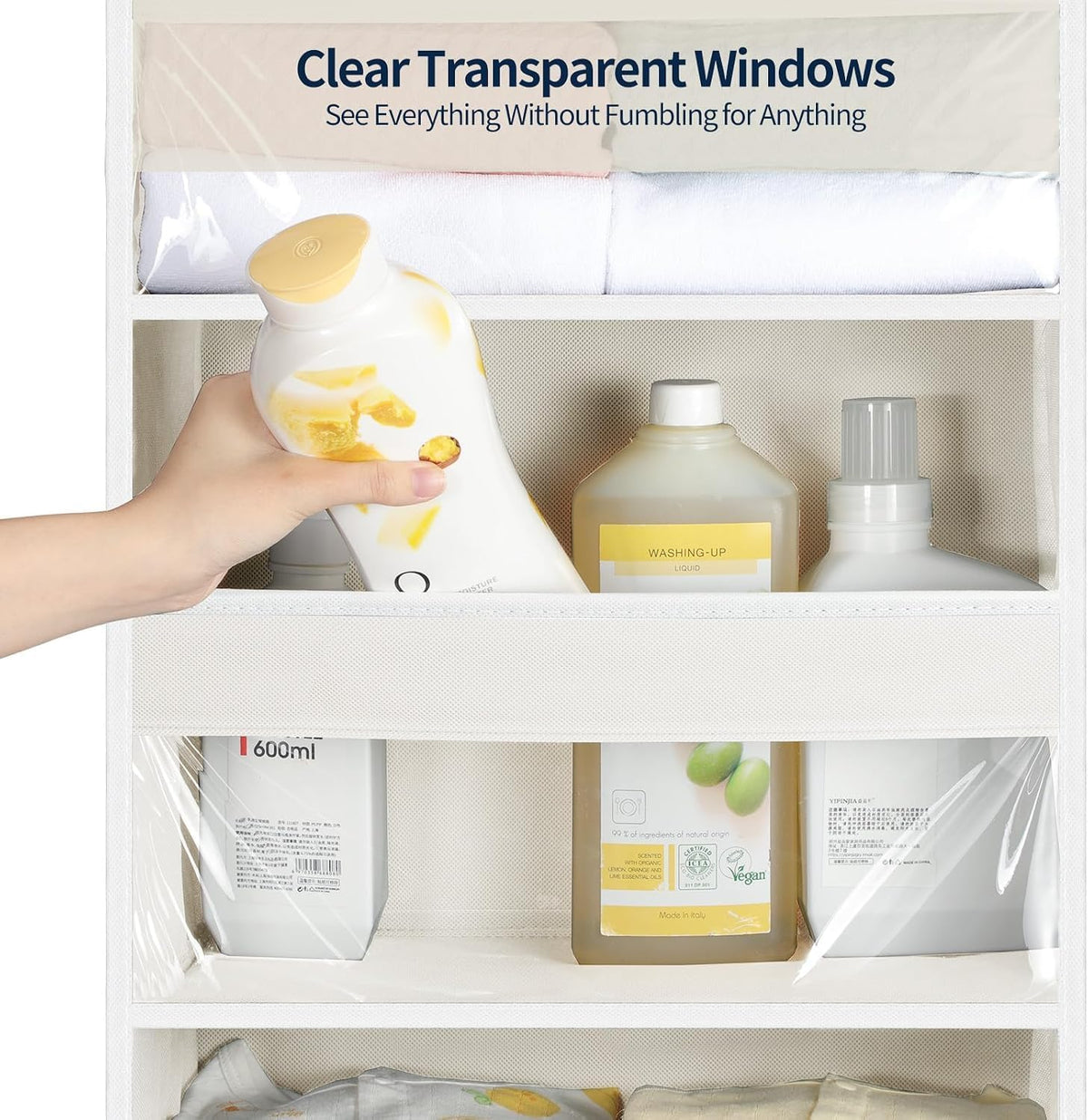 Yecaye Over the Door Organizer 6 Tiers, Heavy Duty Hanging Storage with 6 Large Clear PVC Pockets and 12 Side Pockets, 56lbs Capacity for Closet Door Bathroom Bedroom Nursery Dorm, Ivory White